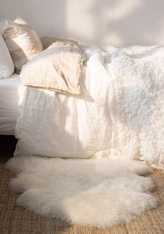 White fluffy bedroom rug