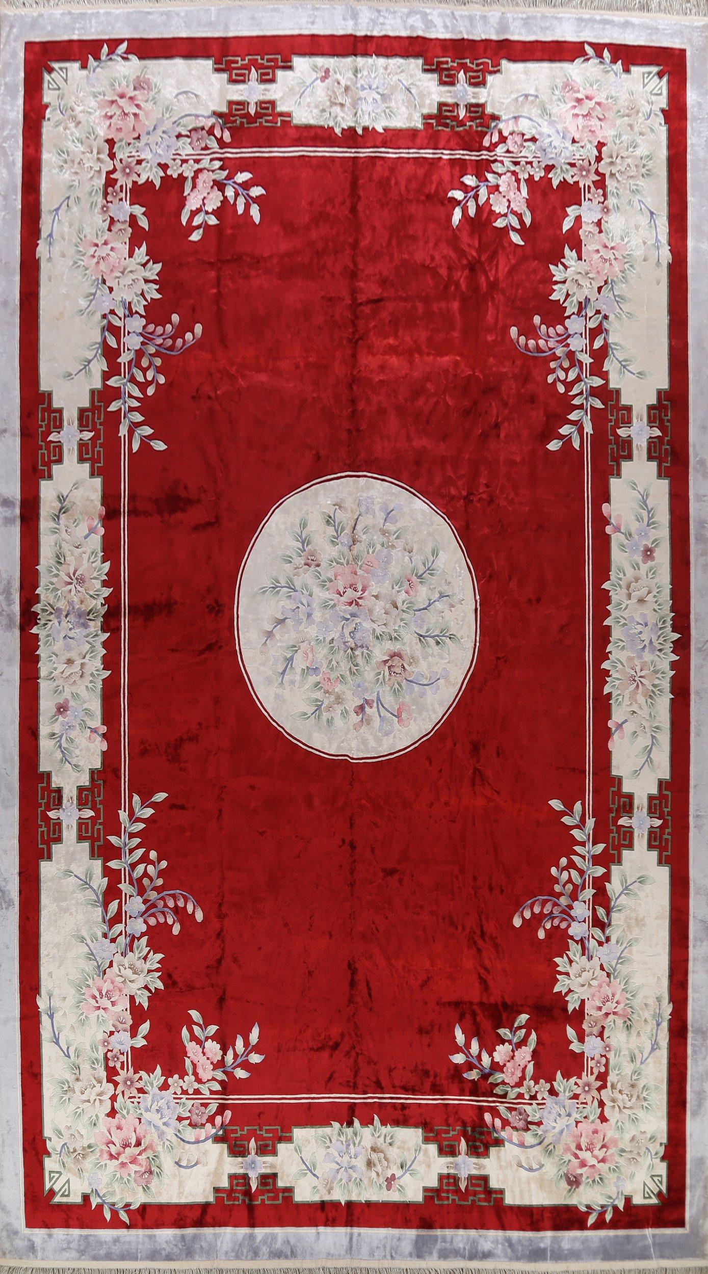 100% Silk Floral Red Art Deco Oriental Area Rug 12x18