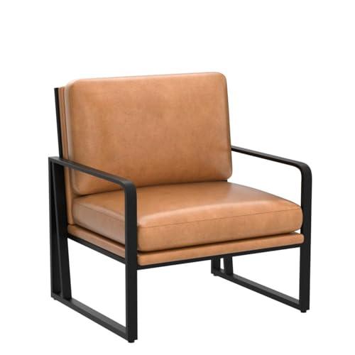 Andeworld Modern Accent Chair Set of 2, Mid Century Living Room Armchair,Upholstered Faux Leather Sofa Side Chair with Metal Legs for Reading,Lounging,Bedroom Apartment,Brown 2