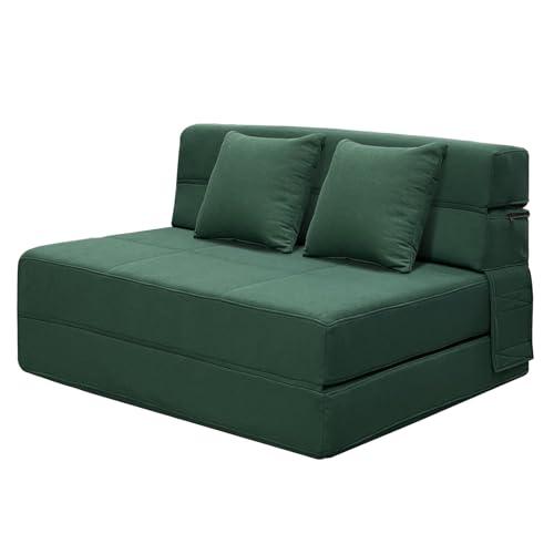 ANONER Fold Out Couch Bed Memory Foam Sleeper Chair with 2 Pillows, Queen Size Futon Couch Guest Bed Convertible Chair, Washable Cover, Dark Green