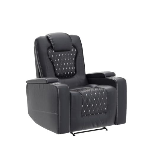 ANJ Power Recliner Chair with USB Ports and Cup Holders - Overstuffed Electric Home Theater Seating PU Leather Reclining Furniture with Hidden Arm Storage, Easy to Clean (Black)