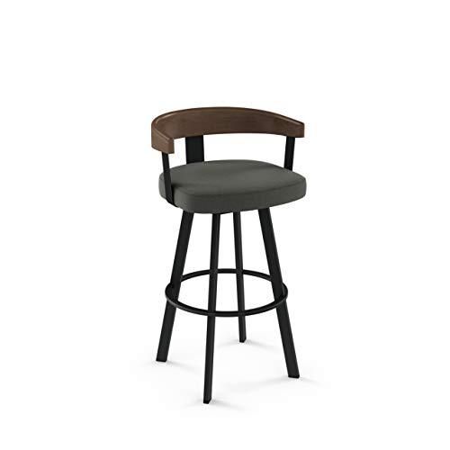 Amisco Lars 26" Swivel Counter Height Barstool, Upholstered Stool with Solid Wood Back and Arms for Kitchen Island or Bar, Drees Stool,Charcoal Grey Polyester/Brown Wood/Black Metal