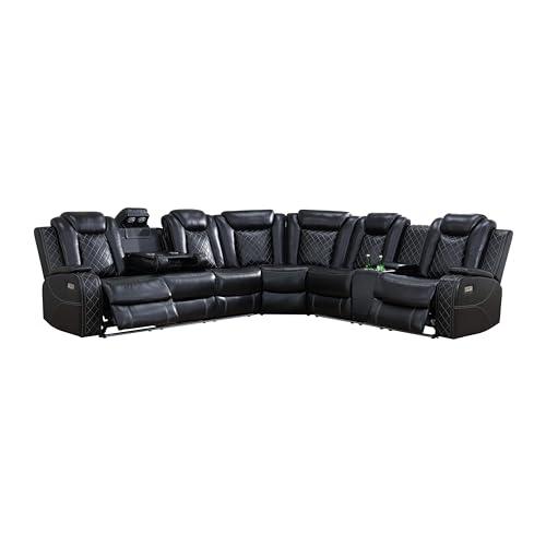 AYCP Air Leather Power Recliner Sectional with LED Lights, Reader Lights, Storage Consoles, Cup Holders, USB Charging Port (Sectional Set), Black