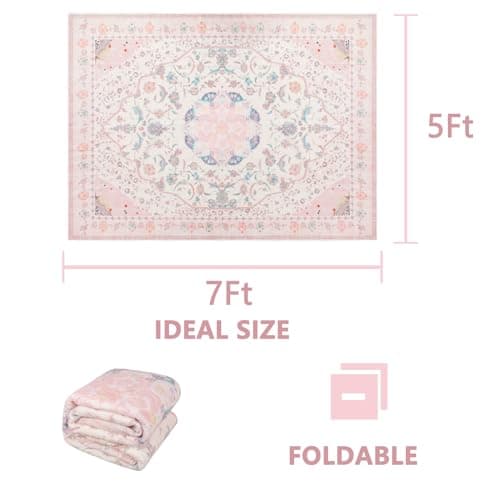 Pink auruge Area Rug - Vintage 5x7 Non-Slip Backing Area Rugs Light Pink Soft Faux Wool Carpet Foldable & Machine Washable Rugs for Living Room Bedroom Dining Room Nursery Home Office