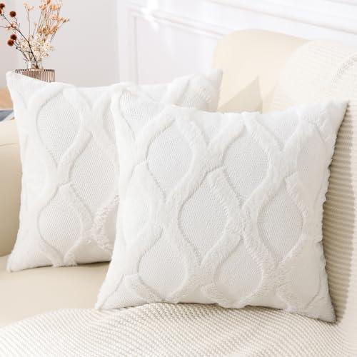 decorUhome Christmas Decorative Throw Pillow Covers 18X18 Set of 2, Soft Plush Faux Fur Wool Pillow Covers for Couch Bed Sofa Living Room, Cream White