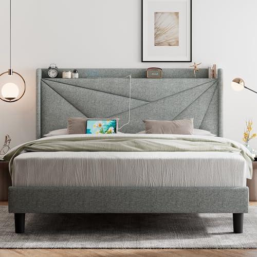 Feonase Queen Bed Frame with Type-C & USB Ports, Upholstered Platform Bed Frame with Wingback Storage Headboard, Solid Wood Slats Support, No Box Spring Needed, Noise-Free, Light Gray