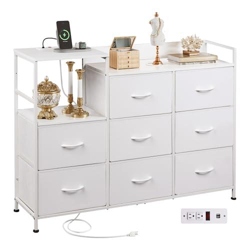 WLIVE White Dresser TV Stand for Bedroom with Charging Station, Wide Storage Chest of Drawers with 8 Large Fabric Drawers and Open Shelves, Storage Organizer Unit for Closet, Living Room, Hallway