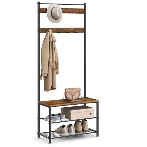 VASAGLE Coat Rack, Hall Tree with Shoe Storage Bench, Entryway Bench with Shoe Storage, 3-in-1, Steel Frame, for Entryway, 12.6 x 27.6 x 69.8 Inches, Industrial, Rustic Brown and Black UHSR41BX