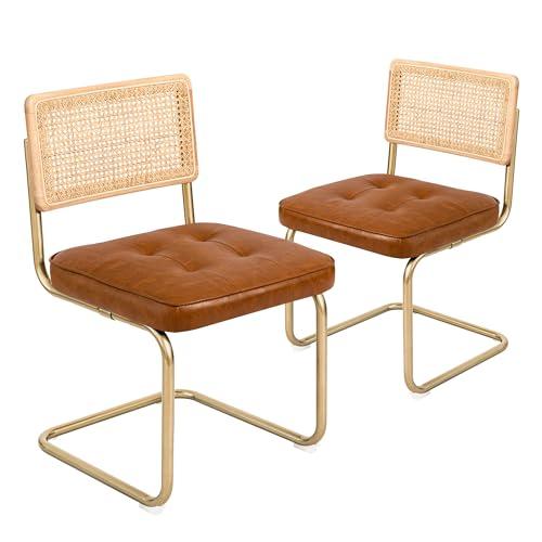 CangLong Mid-Century Modern, Natural Mesh Rattan Backrest, Upholstered Faux Leather Seat Armless Chairs with Metal Legs for Home Kitchen Dining Room, Set of 2, Brown