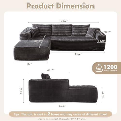 106" Cloud Sectional Couch with Chaise Longue,L Shaped Modular Modern Sofa,Comfy Corduroy Fluffy Couch with Deep Seat,No Assembly Required Couch for Living Room(Left,Plush Corduroy,Gray)