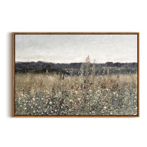 InSimSea Framed Canvas Wall Art Vintage Decor, Large Wall Art, Meadow with Flowers Landscape Wall Art Prints Decor, Modern Farmhouse Decor, Cottagecore Bedroom Bathroom Office Decor, 20"x30"