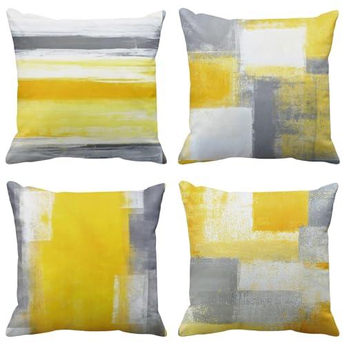 Britimes Throw Pillow Covers 18x18, Home Decor Outdoor Set of 4 Polyester Pillow Cases Decorative for Bed Sofa Cushion Couch Pillowcases Yellow Abstract Painting