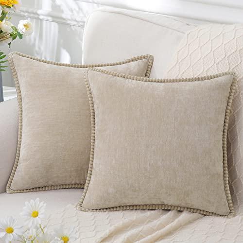 decorUhome Chenille Soft Throw Pillow Covers 18x18 Set of 2, Farmhouse Velvet Pillow Covers, Decorative Square Pillow Covers with Stitched Edge for Couch Sofa Bed, Bleached Sand