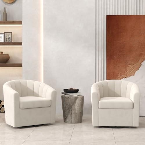 Bonzy Home Swivel Barrel Chair Set of 2, Modern Velvet Swivel Accent Chair with Channel Tufting, Soft Upholstered Armchair for Living Room Bedroom, White