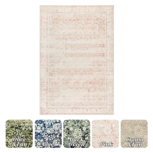 Nursery Rug for Baby Girl,Neutral Blush Pink Boho Cute Floral Foldable Machine Washable Soft Faux Wool Carpet Area Rugs for Living Room Bedroom Dorm Kids Playroom,5x7