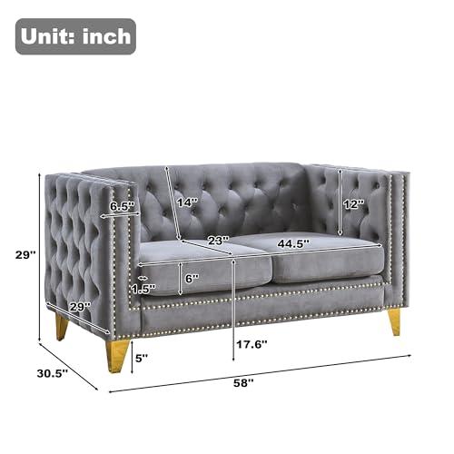 ATUMON Modern 58" Loveseat Velvet Sofa,Buttons Tufted and Square Arm,Inlaid Gold Nail Heads and 4 Golden Metal Legs for Living Room (Gray, 58" Loveseat Sofa)