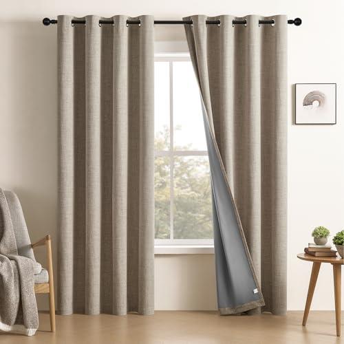 CUCRAF Full Blackout Window Curtains 84 inches Long,Faux Linen Look Thermal Insulated Grommet Drapes Panels for Bedroom Living Room,Set of 2(52 x 84 inches, Light Khaki)