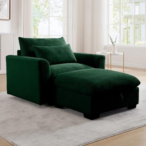 Beige Corduroy Deep Seat Single Sofa Accent Chair,Deep Seat Couch with Waist Pillow for Living Room/Apartment/Office (Green + Corduroy +1 Seat +1 Ottoman)