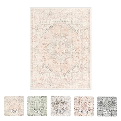 Pink LIVEBOX Washable 9x12 Area Rug, Large Rugs for Living Room Boho Soft Non-Slip Rug, Pink Low-Pile Vintage Medallion Rug, Retro Non-Shedding Rugs for Dining Room Bedroom Office