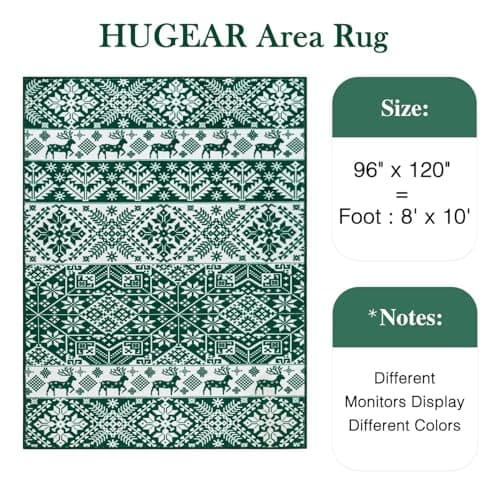 Christmas HUGEAR Christmas Vintage Large Area Rug 8x10 Living Room Rug Machine Washable Rugs Low Pile Carpet Indoor Door Mat Green/White Non-Slip Retro Carpet for Bedroom Kitchen Dining Bathroom