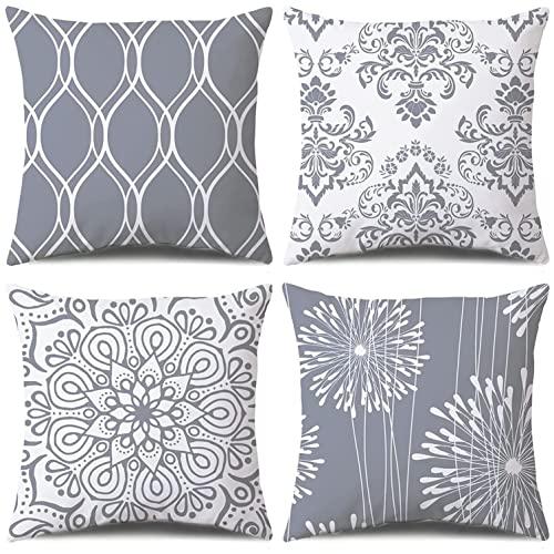 Coliuso Decorative Throw Pillow Covers 18x18 Set of 4, Grey and White Modern Simple Square Pillow Case Cushion Cover for Sofa Couch Farmhouse Outdoor Living Room (Gray and White, 18" x18")