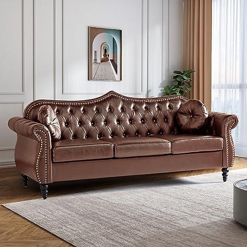 AVZEAR 82" Three Seater Sofa, Chesterfield Sofa, Mid-Century Modern PU Upholstered Sofa, Deep Button Tufted Living Room Sofa with Two Throw Pillows, Brown