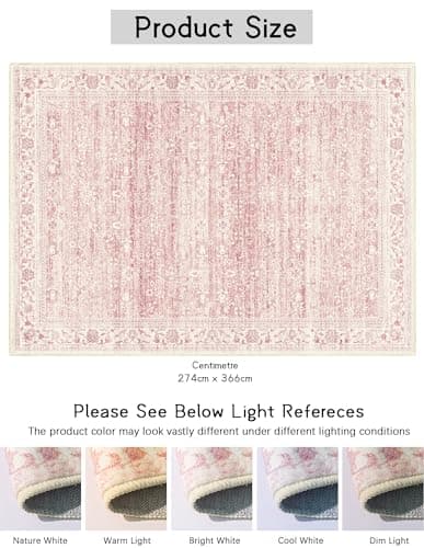 Pink Brakki 9x12 Area Rugs Washable, Pink Large Rugs for Living Room Bedroom Dining Room Office, Ultra Thin Soft Boho Rug Non Slip, Vintage Distressed Carpet Floral Rug for Home