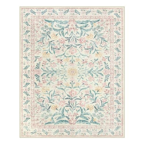 Pink Lahome Large Rugs for Living Room,Boho Machine Washable Area Rugs 8x10,Ultra-Thin Floral Rug Non Slip,Vintage Distressed Soft Carpet for Bedroom Office Dining Room,Pink/Multi