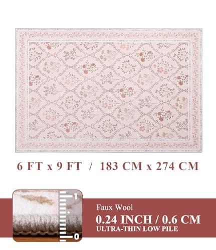 YIHOUSE Pink Floral Print Rugs, Moroccan Trellis 6x9 Washable Large Rug, Modern Pastel Non Slip Ultra-Thin Area Rug for Classroom,Playroom,Dorm,Bedroom,Kitchen,Living Room, Pink Multi