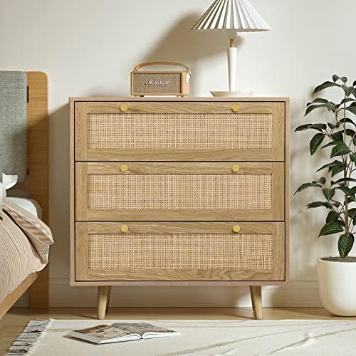 Anmytek 3 Drawer Dresser for Bedroom, Rattan Dresser Modern Wood Chest of Drawers with Spacious Storage for Bedroom Hallway Living Room, Rustic Oak, H0027