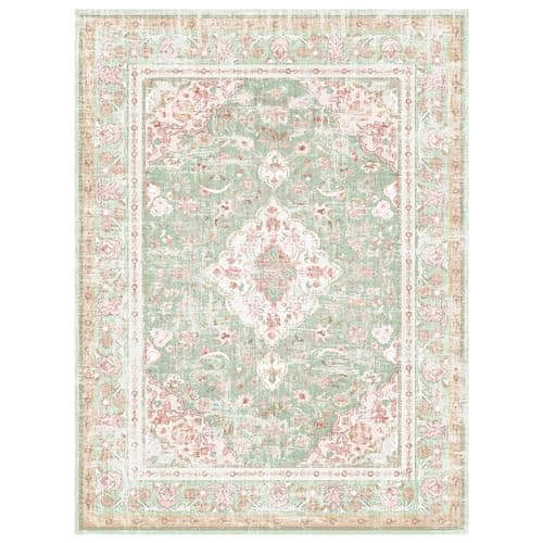 Vhong Washable Area Rugs Boho Vintage Modern Neutral Large Carpet Green and Pink High Traffic Rugs 8×10 for Dinning Room Living Room Bedroom Farmhouse Non Slip