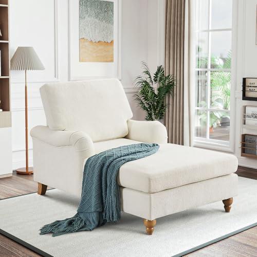 Antetek Chaise Lounge Chair Indoor with Adjustable Backrest, Modern Upholstered Sleeper Lounge Sofa Chair with Sturdy Legs and Rolled Arms for Bedroom, Living Room, White