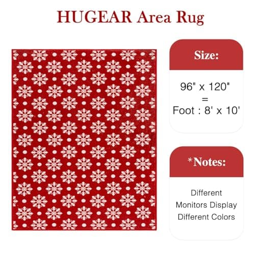 Christmas HUGEAR Christmas Large Area Rug 8x10 Living Room Rug Machine Washable Rugs Low Pile Carpet Indoor Door Mat Red/White Non-Slip Snowflake Rug for Bedroom Kitchen Dining Bathroom