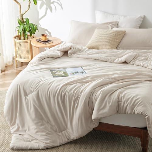 Bedsure Queen Comforter Set - Beige Comforter Queen Size, Soft Bedding for All Seasons, Cationic Dyed Bedding Set, 3 Pieces, 1 Comforter (90"x90") and 2 Pillow Shams (20"x26"+2")