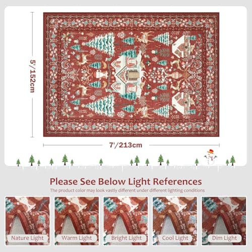 LIVEBOX Christmas Washable Area Rug 5x7, Boho Red Rugs for Living Room, Dining Room Rugs for Under Table with No-Slip Backing Vintage Soft Holiday Rug Carpet for Bedroom Office