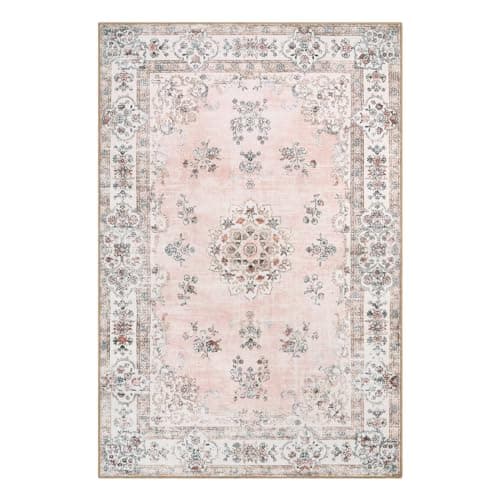 Pink Lahome Washable 6x9 Area Rugs for Living Room, Soft Floral Pink Large Low Pile Rug for Nursery and Girls, Boho Ultra-Thin Non-Slip Carpet for Bedroom Indoor Floor Mat for Home Office Decor