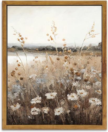 KBKBART Vintage Wall Art Framed, Retro Countryside Autumn Wildflower Field Landscape Canvas Painting Farmhouse Decor Wall Art, Rustic Fall Landscape Bathroom Wall Decor for Bedroom(9"x11")