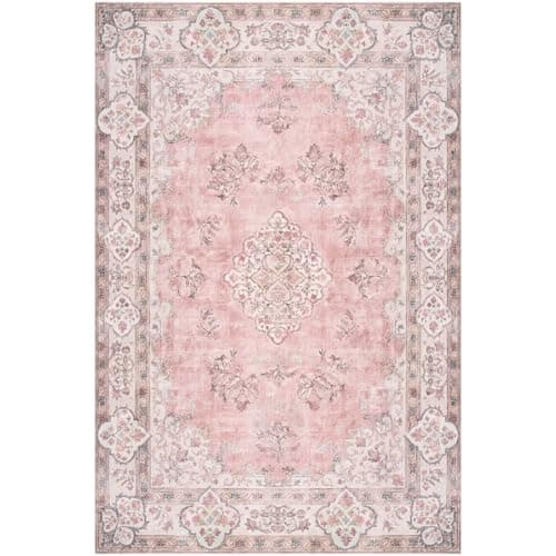 Pink Area Rug Living Room Rug, 8x10 Vintage Boho Washable Rug Pink Non Slip Foldable Faux Wool Carpet, Fluffy Non-Shedding Rugs for Living Room, Bedroom, Dining Room, Kids Playroom