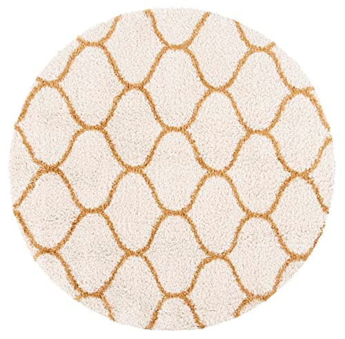 SAFAVIEH Hudson Shag Collection Area Rug - 7' Round, Ivory & Gold, Moroccan Ogee Trellis Design, Non-Shedding & Easy Care, 2-inch Thick Ideal for High Traffic Areas in Living Room, Bedroom (SGH280F)