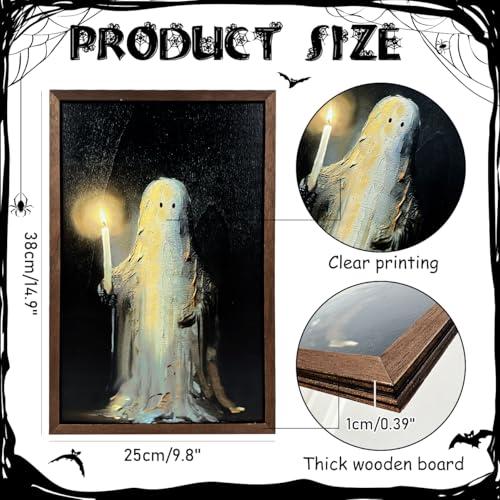 Halloween Decorations Wall Art Prints Ghost Holding A Candle Wooden Halloween Wall Art Framed Vintage Halloween Ghost Painting Decor Aesthetic Pictures Wall Decor for Bedroom (Including Wooden Frame)