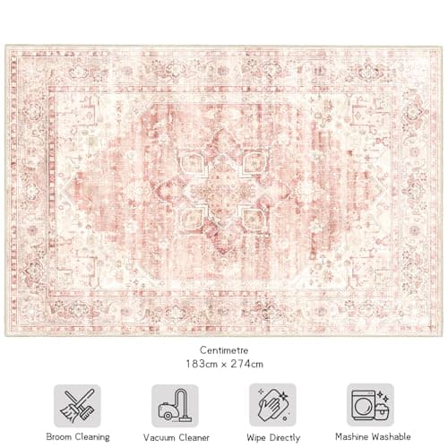 Pink Brakki 6x9 Area Rugs Washable, Pink Rug for Living Room Bedroom Dining Room Kitchen, Soft Floral Vintage Distressed Carpet Non Slip, Boho Rug for Girls Boys Home Decor