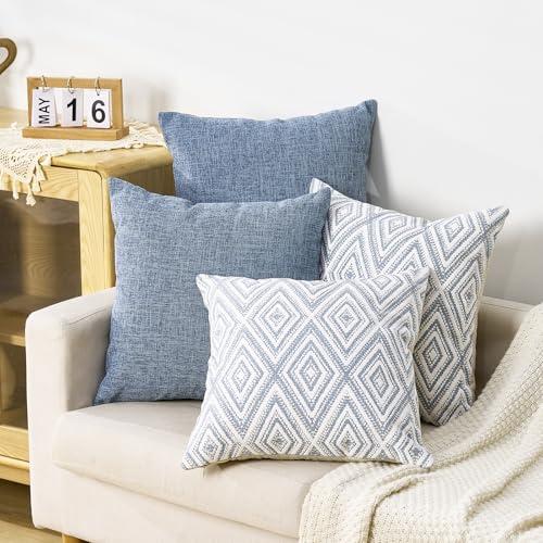 HPUK Decorative Throw Pillow Covers Set of 4 Square Couch Pillows Linen Cushion Cover for Couch Sofa Living Room, 18"x18" inches, Blue