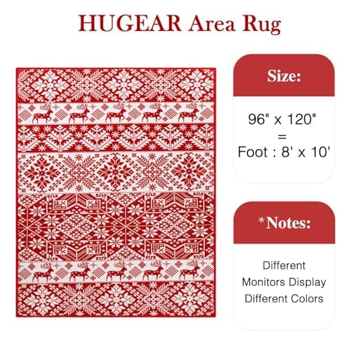 Christmas HUGEAR Christmas Vintage Large Area Rug 8x10 Living Room Rug Machine Washable Rugs Low Pile Carpet Indoor Door Mat Red/White Non-Slip Retro Carpet for Bedroom Kitchen Dining Bathroom