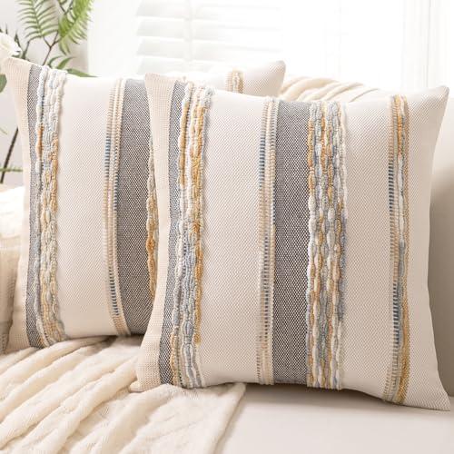 WANLIRD Boho Throw Pillow Covers 18x18 Set of 2 Farmhouse Decorative Cushion Case Striped Square Pillows Cover Chenille Pillow Cases Accent Neutral Pillowcase for Sofa Couch Bed,Orange-Gray