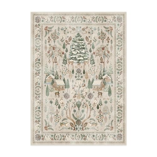 Christmas RUGGABLE Washable 5x7 Area Rug, Neutral, Premium Rugs for Living Room, Bedroom, Kitchen, Office, Classroom with Gripper Non Slip Pad, Christmas