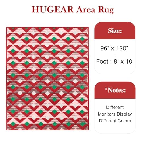 Christmas HUGEAR Christmas Rug 8x10 Large Area Rugs Machine Washable Rug Red/Green Indoor Rug Low Pile Carpet Non-Slip Geometric Rug for Bedroom Kitchen Living Room Dining