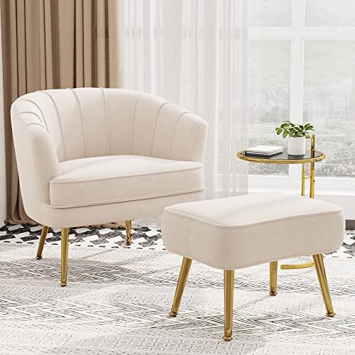 SHINEBOOM Velvet Accent Chairs with Ottoman for Living Room Bedroom Office Leisure Upholstered Single Sofa Chair Arm Chair Comfy Chair Reading Club Coffee Chair with Metal Legs, Beige