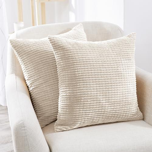 Deconovo Throw Pillow Covers Corduroy 18x18 Inch Cream Stripe Pattern Square Soft Cushion Covers for Couch Bedroom Sofa Living Room Bed Chair Solid Pack of 2