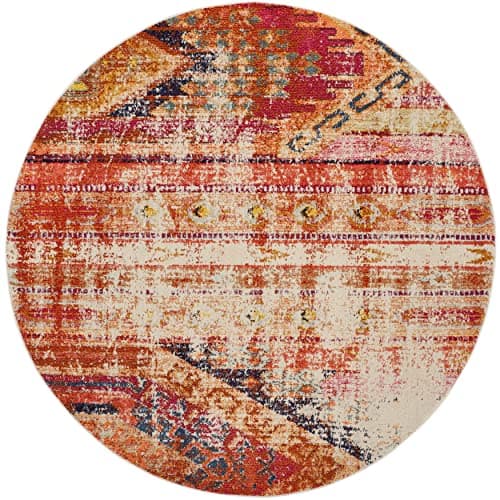 SAFAVIEH Monaco Collection 6'7" Round Orange / Multi MNC222H Boho Chic Tribal Distressed Non-Shedding Dining Room Entryway Foyer Living Room Bedroom Area Rug