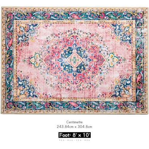 YesRug 8x10 Area Rugs for Living Room Pink Boho Rug Vintage Rug Non-Slip Washable Low Pile Foldable Large Rug for Bedroom Dining Room Indoor Floor Carpet